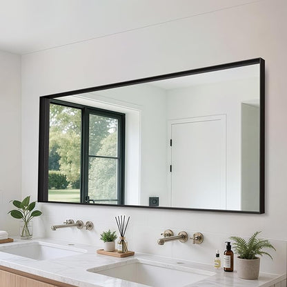 Suidia Bathroom Mirror, 60" x 30" Wall Mirror Metal Framed, Bathroom Vanity Mirror for Living Room Bedroom Bathroom Entryway, Black, Rect Corner Style