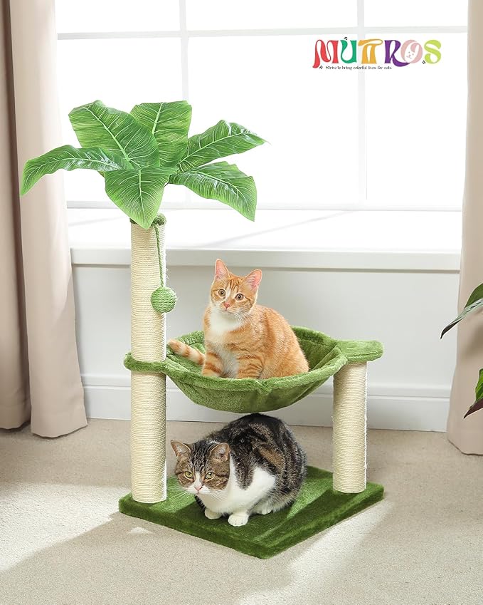 Small Cat Tree, 28" Cat Tower with Sisal Scratching Posts and Coconut Leaves for Indoor Small Cats, Large Hammock and Dangling Ball for Kittens, Green-Mewly Pet
