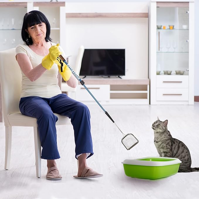 Sand Dipper Metal Cat Litter Scoop – Long Handle Cat Poop Scooper for Litter Box (41”), Heavy-Duty Stainless Steel Kitty Litter Scoop (Mid-Adjustable)-Mewly Pet