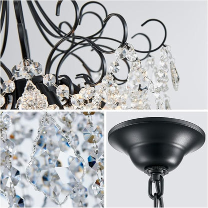 WUZUPS Crystal Chandelier 5-Light Pendant Ceiling Light Modern Lighting Fixture for Dining Room Hallway Bedroom Kitchen Bathroom, H 22.4" x W 18.3", E12 Base, Black