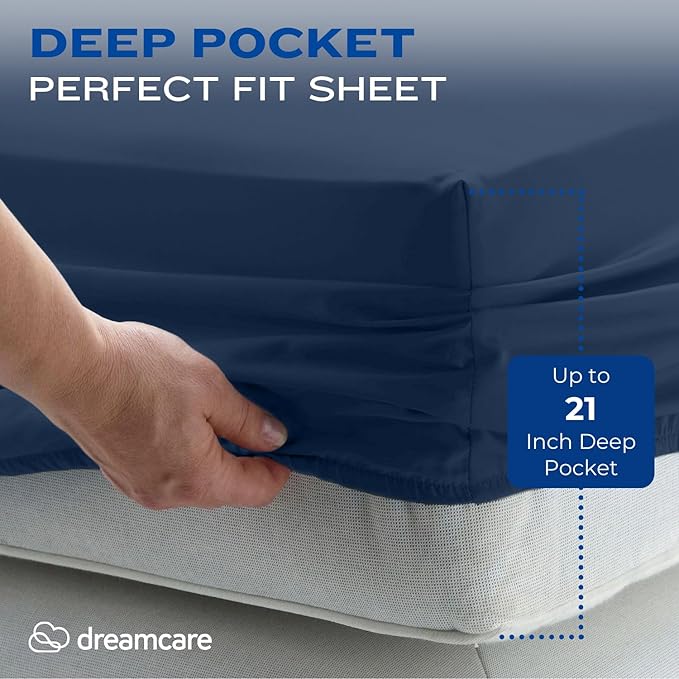 DREAMCARE Queen Sheet Set – 4 pcs Cooling Sheets – up to 21” Extra Deep Pocket Queen Sheets – Hotel Luxury Sheets & Pillowcases – Superior Softness 100% Fine Microfiber with Side Pocket – Navy