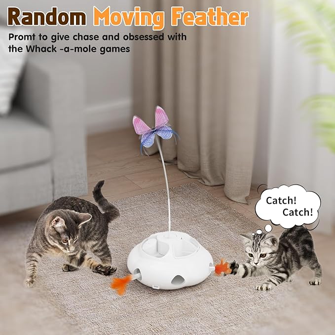 Interactive Cat Toys for Indoor Cats, 4in1 Pet Teaser Toy with Ambush Feather Wand, Motorized Fluttering Butterfly and Slow Feeder, Rechargeable Power Treat Puzzle Toys(White)-Mewly Pet