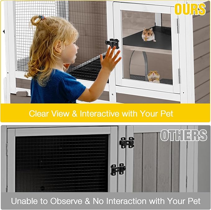 AIVITUVIN Wooden Guinea Pig Cage Indoor with Cooling Plate and Anti-Chewing Edges Two-Story Rabbit Hutch Pull Out Tray Outdoor Rabbit Cage with Raised Stand and Wire Mesh Small Animals Cage (Brown-Mewly Pet