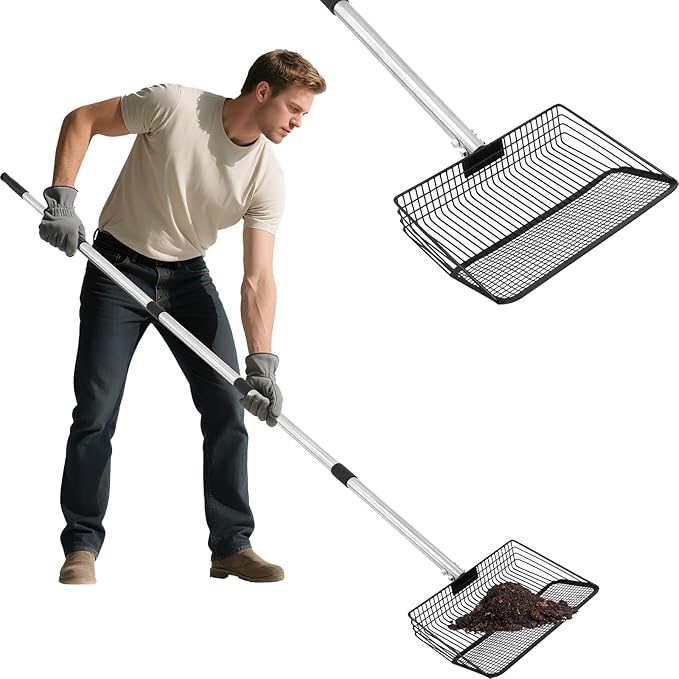 Large Metal Chicken Poop Scooper, 36 to 75" Adjustable Long Chicken Coop Litter Scoop with Stainless Steel Handle, Durable Sand Sifting Litter Shovel for Chicken Coops & Small Farm Animals-Mewly Pet