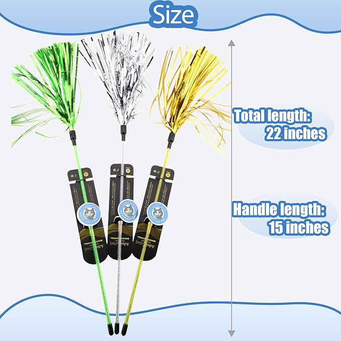 ADUCK Interactive Cat Teaser Wand Toy with Tassels - Durable Cat Chaser for Indoor Kitten Exercise, Boredom Relief & Training Play, Pack of 3 (Gold, Silver, Green)-Mewly Pet