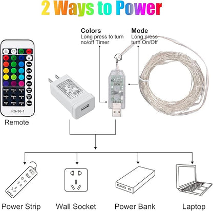 Minetom Color Changing Fairy String Lights - 33 ft 100 LED USB Silver Wire Lights with Remote and Timer, Starry Fairy Light for Bedroom Party Indoor Christmas Decoration, 16 Colors, Adapter Included