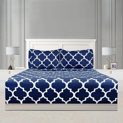 Mejoroom Full Bed Sheet Set - Super Soft Brushed Microfiber 1800 Thread Count Full Sheets with 16 inch Deep Pocket - Wrinkle Free - 4 Piece(Navy Quatrefoil with White Pattern)