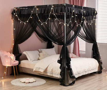 Mengersi Canopy Bed Curtains Bed Canopy Royal Luxurious Cozy Drapes Netting- Elegant Bed Sheer Bedroom Decoration Accessories for Adults,Black,California King