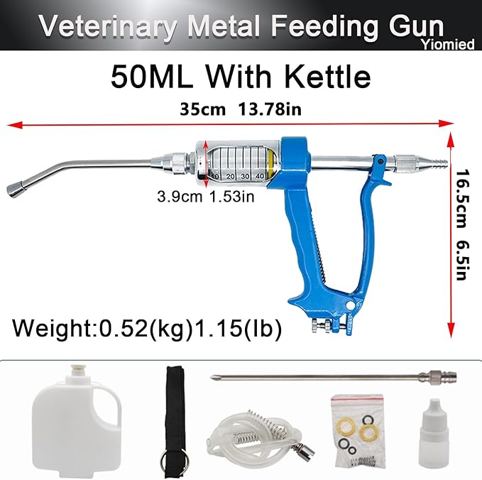 50ML Veterinary Metal Feeding Gun, Continuous Drench Gun Dosing Device Veterinary Adjustable Medicine Dispenser Husbandry Autonomous Feeding Tool, for Pig Cow, Sheep, Horse (Blue, 50ML+Kettle)-Mewly Pet