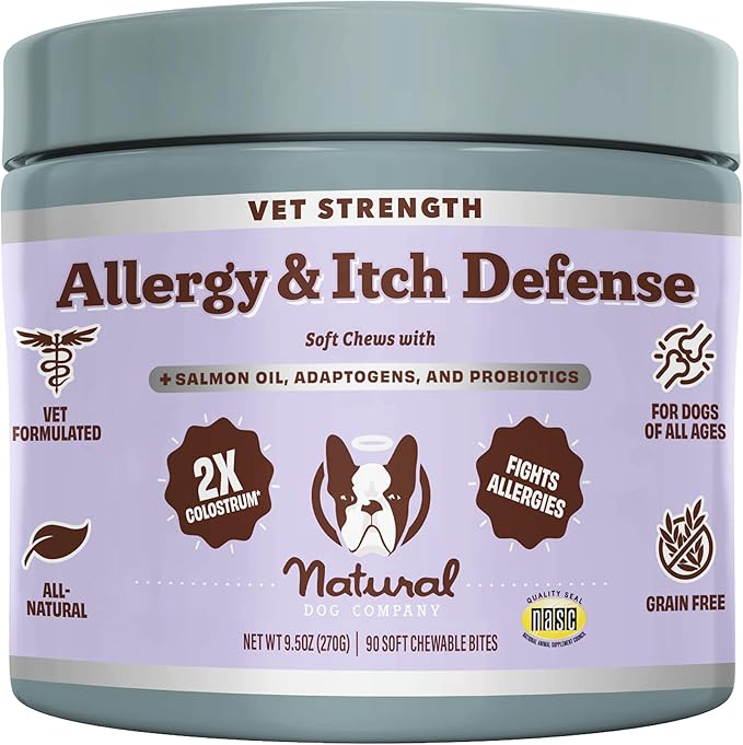 Natural Dog Company Aller Immune Chews 90 ct, Vet Strength High-Concentration Senior Dog Allergy Relief with 2.4X Colostrum, 2X Salmon Oil & 1.5X Probiotics, Supports Immune, Skin, Coat & Gut Health-Mewly Pet