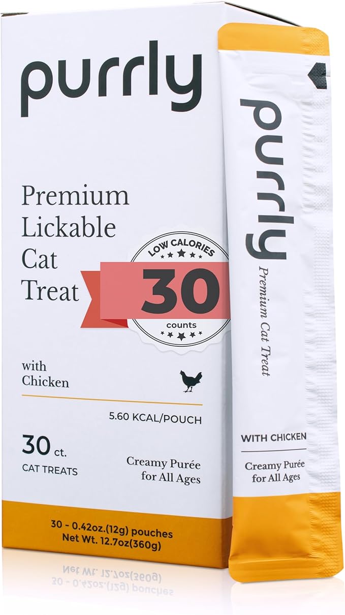 Purrly Lickable Wet Cat Treats Creamy Purée Human-Grade Chicken Breast with Prebiotic and Dietary Fiber for Digestive Health (30 Count) Non-Seafood Non-GMO No-Grains No-Artificial-Additives All Ages-Mewly Pet
