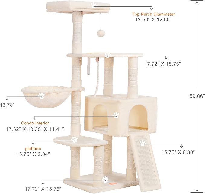 Heybly Cat Tree, Cat Tower for Indoor Cats with Scratching Board, Multi-Level Cat Furniture Condo with Feeding Bowl, Beige HCT010MM-Mewly Pet