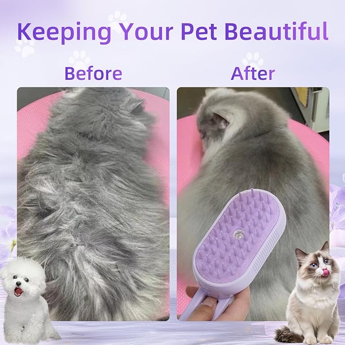 4-in-1 Rechargeable Anti-Dandruff Pet Steam Brush — brush for sheddingCats & Dogs,pet hair removal tool. Integrating functions of massage,clean, hair grooming and anti-static (purple)-Mewly Pet