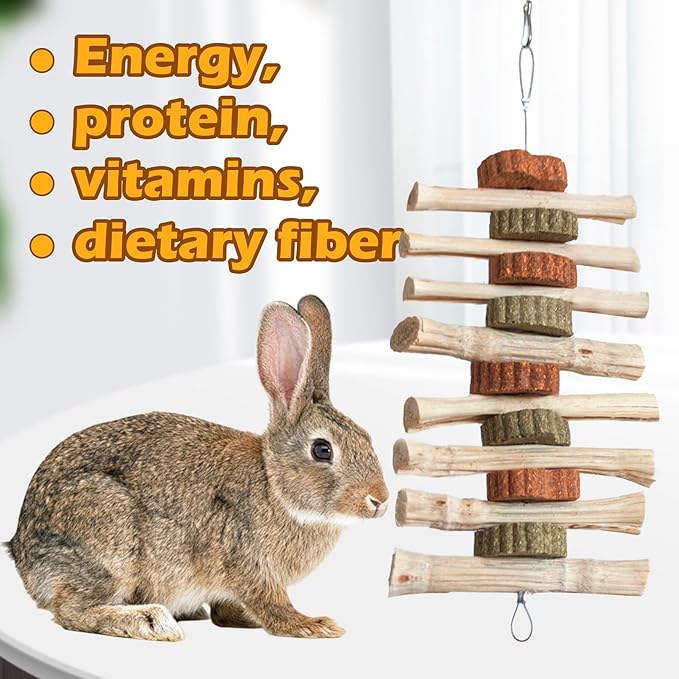 4 PCS Rabbit Chew Toys for Teeth Grinding, Delicious Bunny Cage Hanging Chew Toys, Natural Sweet Bamboo Chew Sticks and Timothy Grass Cake Hay Treats Maintaining Healthy Teeth for Rabbits-Mewly Pet