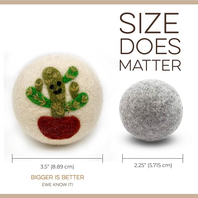 Fluff Ewes Wool Dryer Balls 6 Pack Premium New Zealand Wool Laundry Balls for Dryer, No Static Dryer Balls Laundry Reusable, XL Wool Dryer Balls Cute, Baby Dryer Balls for Dryers - Kiss My Cactus-Mewly Pet