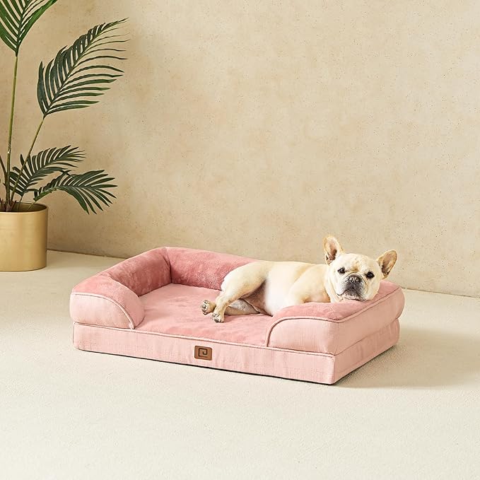 EHEYCIGA Orthopedic Dog Beds for Large Dogs, Waterproof Memory Foam Large Dog Bed with Sides, Non-Slip Bottom and Egg-Crate Foam Pet Couch Bed with Washable Removable Cover, Dusty Pink-Mewly Pet