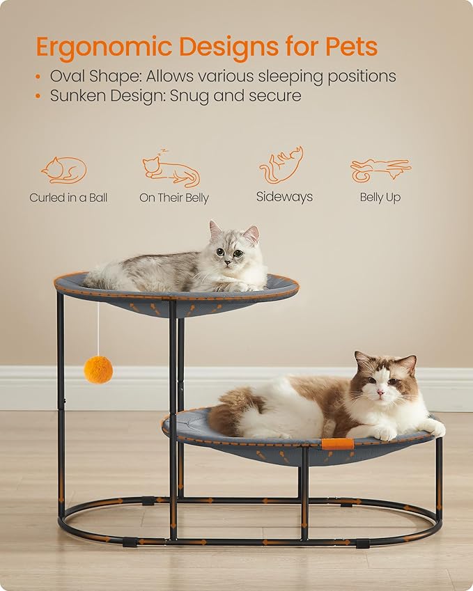 Feandrea 2-Tier Elevated Cat Hammock Bed, Breathable Furniture for Multi-Cat Households Indoor and Outdoor, with Removable Washable Mesh, Steel Frame, for Summer, Dove Gray UPCB012G01-Mewly Pet