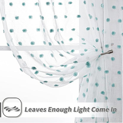 MYSKY HOME 108 Inch Long Large Pom Pom Sheer Curtains for Living Room - Aqua White, Light Filtering, Rod Pocket Window Panels - 38 x 108 inch, 2 Pieces