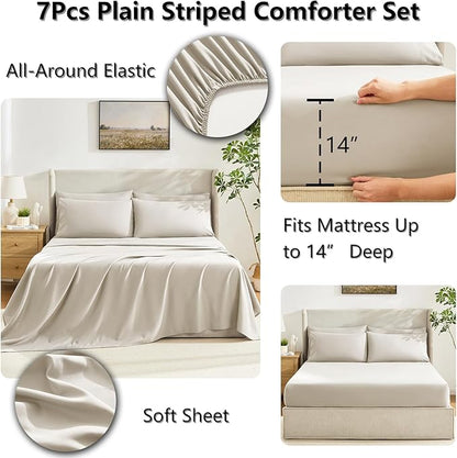 CozyLux Full Size Comforter Sets Beige, 7 Pieces Bed in a Bag, Beige Comforter Full Size, All Season Bedding Sets with Stitch Quilted Comforter, Flat Sheet, Fitted Sheet, Pillowcases