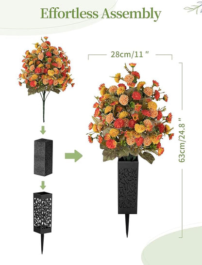 Artificial Cemetery Flowers for Grave: 2 Pcs Fake Fall Flowers for Cemetery Orange Mums Bouquets with Vases - Outdoor Grave Decorations
