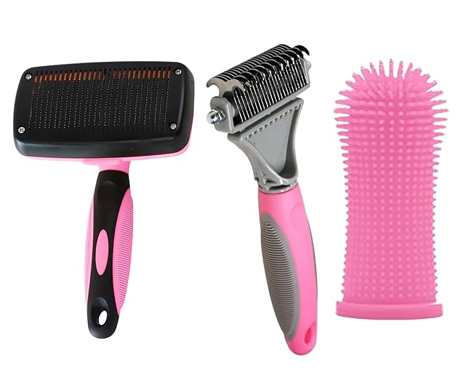 3-in 1 Dog & Cat Grooming Supplies- Self-cleaning Slicker Brush, Deshedding Rake Comb, And Finger Toothbrush For Dogs & Cats | Perfect For Pet Grooming Kit, Dematting And Dental Tool (pink)-Mewly Pet