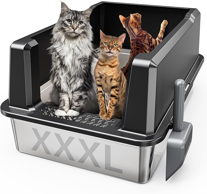 Tripamin XXL Stainless Steel Litter Box with High Sides 26"x18"x12" Extra Large Metal Litter Box for Big Cats & Multiple cat, Jumbo Top Entry Litter Pan with lid (Black, XX-Large)-Mewly Pet