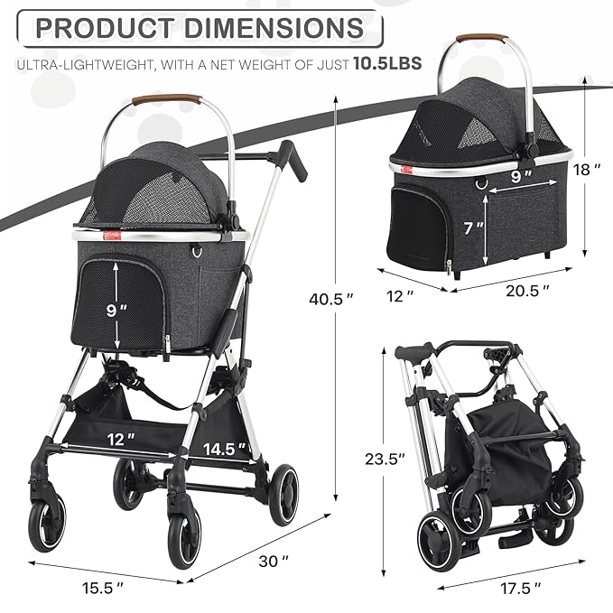 MoNiBloom Pet Stroller for Small/Medium Dogs w/Detachable Carrier & Lightweight Aluminum Frame, Folding Jogging Travel Stroller, Dark Gray-Mewly Pet