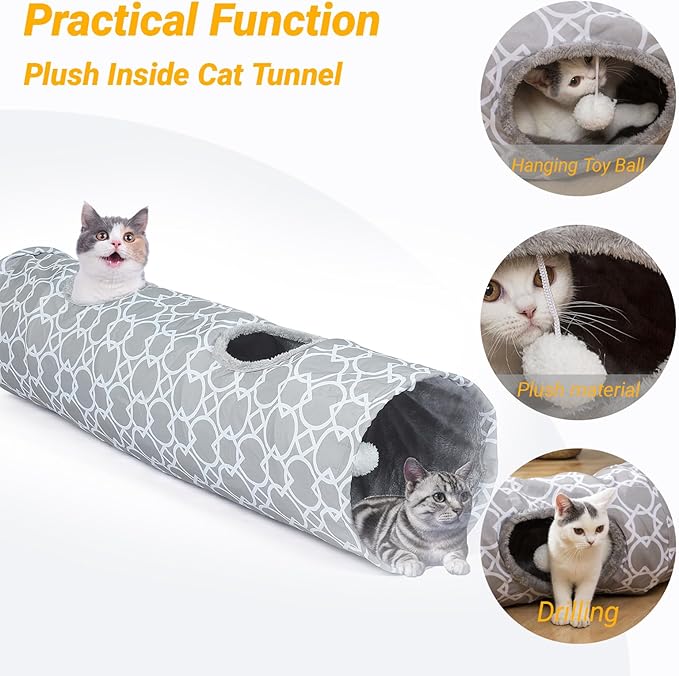 LUCKITTY Geometric Straight Cat Tunnel with Plush Inside,Cats Toys Collapsible Tunnel Tube with Balls, for Rabbits, Kittens, Ferrets,Puppy,Diameter 11.8 Inch-Mewly Pet
