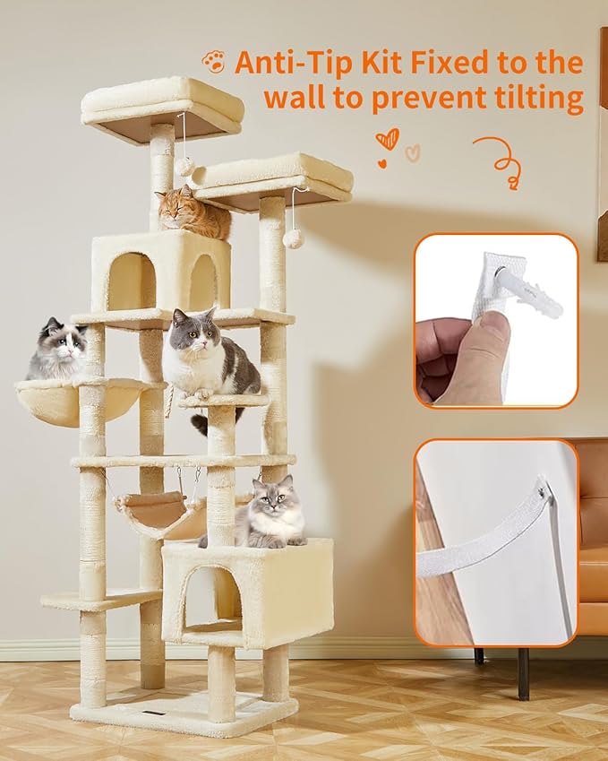 Taoqimiao Cat Tree, 71-Inch Cat Tree Cat Tower for Indoor Cats, Plush Multi-Level Cat Condo with 10 Scratching Posts, 2 Perches,Basket, 2 Caves,Hammock, 2 Pompoms,MS020M Beige-Mewly Pet