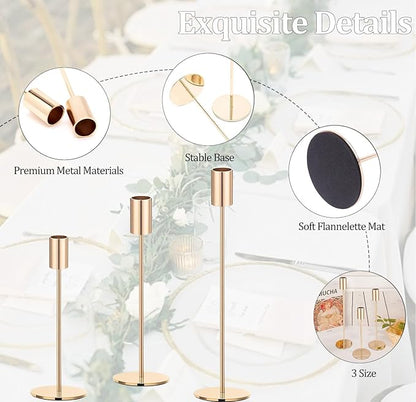 Set of 6 Gold Taper Candle Holders, Metal Gold Candlestick Holders, Tall Candle Holder, Fits 3/4 inch Thick Candle&Led Candles, for Table Centerpiece, Wedding, Dinning, Party Home Decor