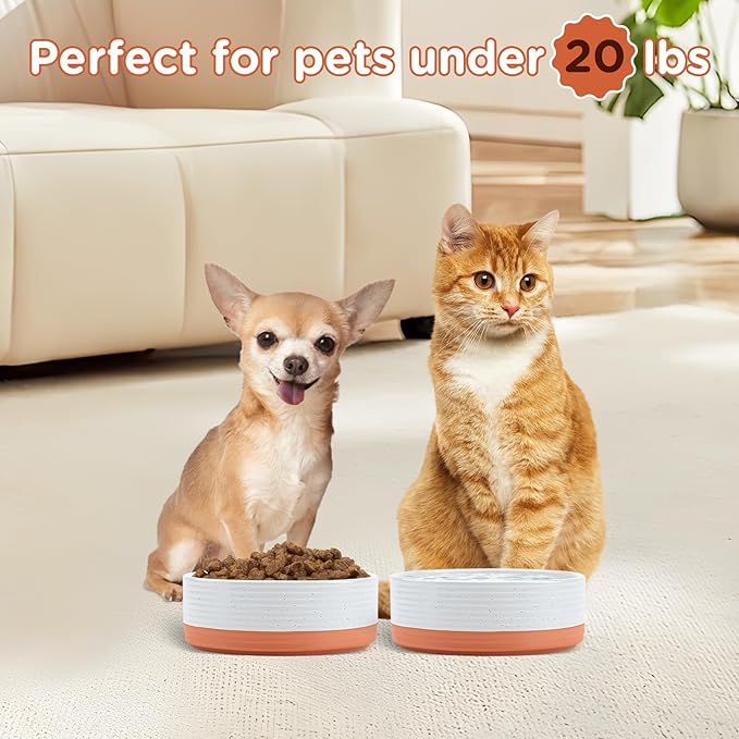 SPUNKYJUNKY Ceramic Dog and Cat Bowls 2 Pack, 5.1'' Dog and Cat Food Water Double Feeding Bowls Non-Slip for Cats and Puppy Small Sized Breed Microwave Dishwasher Safe - 13.5 OZ, 2pcs, Pattern White-Mewly Pet