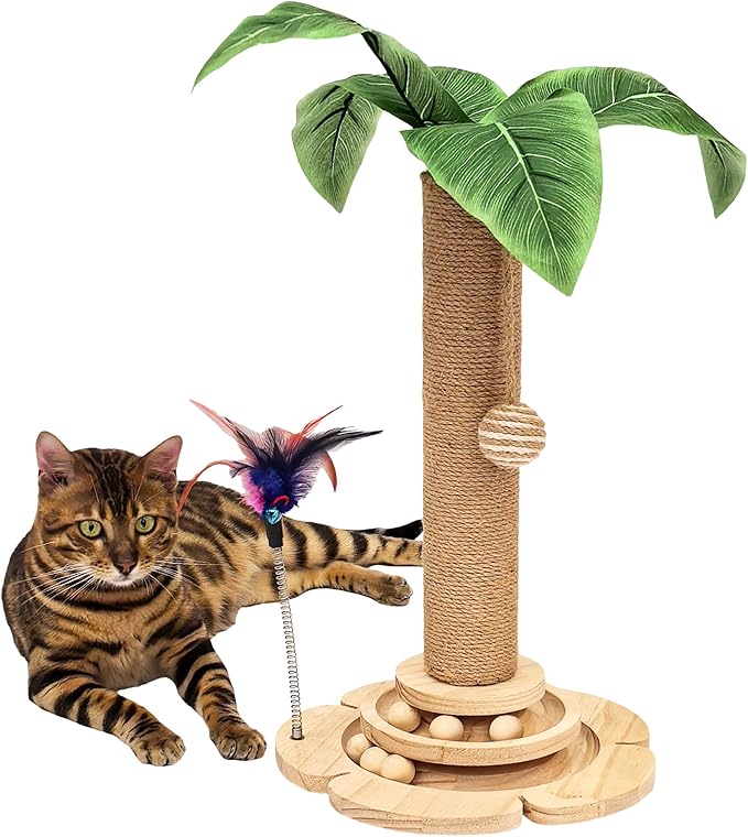 Cat Scratching Post, Cat Scratcher Toy for Indoor Cats, 17.3" Tall Scratch Post with 2-Layer Ball Tracks, Interactive Feather Toy and Sisal Hanging Ball, Banana Tree Cat Tower for Kittens-Mewly Pet