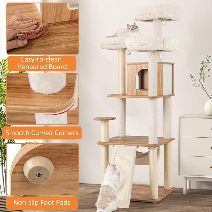 PETSITE 68 Inch Modern Tall Cat Tree for Indoor Cats, Multi-Level Wooden Cat Tree Tower with Sisal Scratching Posts, 3 Top Perches, Cat Condo, Comfy Hammock, Sisal Ramp, and Jingling Balls-Mewly Pet