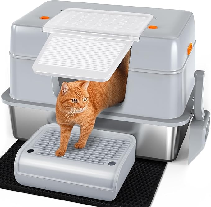 Vivifying Stainless Steel Litter Box with Lid, XL Side Entry Extra Large Litter Box for Big Cats & Kitty, Removable Enclosed Metal Cat Pan with High Sided Enclosure, Scoop, Mat, Footboard (Gray)-Mewly Pet