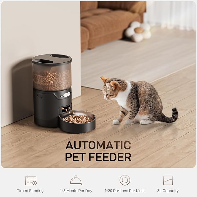Automatic Cat Feeder: 3L Auto Food Dispenser with Timed Feeding| 6 Meal Programmable& 1-20 Portion Precise Control- Easy to Clean for Cat Indoor| Desiccant Keep Food Fresh with Staiess Bowl-Mewly Pet