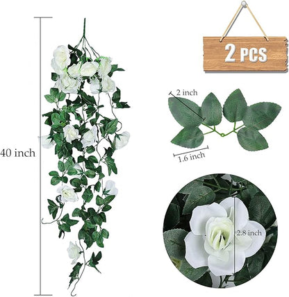 RECUTMS Artificial Plants Hanging 2Pieces 3.3Ft Rose Plant Flowers Vines Wedding Home Office Arch Arrangement Decoration (White)