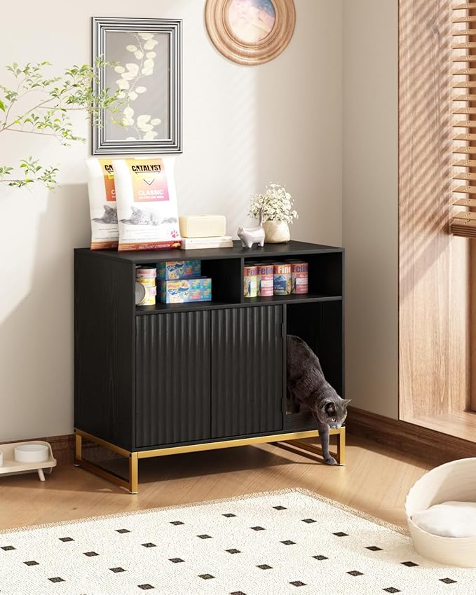 Cat Litter Box Enclosure, Large Hidden Pet Storage Cabinet Furniture with Waveform Fluted Doors & Scratching Pad, Modern Wooden Cat House Indoor for Washroom, Living Room, Bedroom, Black-Mewly Pet