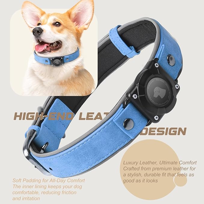 AirTag Dog Collar - Leather Dog Collar with Air Tag Holder | IPX8 Waterproof, Reflective, High - End, Adjustable Soft Padded | Dog GPS Tracker Collars Fit for Medium Large Dogs (Blue, M)-Mewly Pet