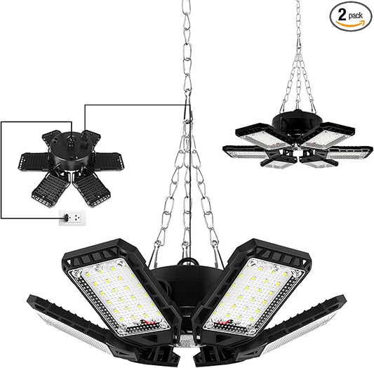 LED Garage Lights 2 Pack - 180W, 18000LM 6500K Led Shop Light with 6+1 Deformable Panels, Basement, Barn, Warehouse, Shop Ceiling Lights, E26/E27 for Multiple Uses