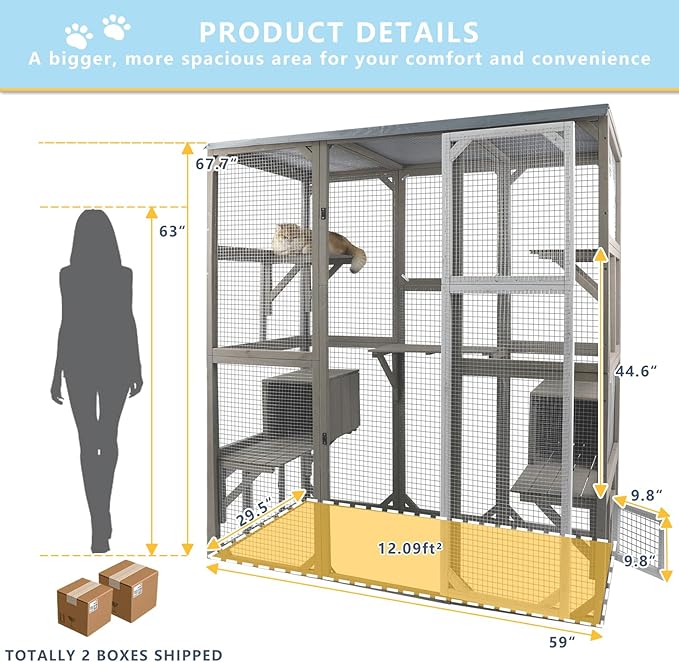 Catio Outdoor Cat Enclosure Large Window Cat House Walk in Kitty Cage with Multi-Level Platforms, Waterproof Roof for Mulitiple Cats (59" L x 29.5" W x 67.7" H)-Mewly Pet