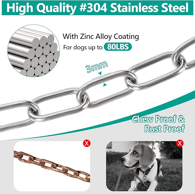 Tresbro Heavy Duty Dog Chains for Outside, 40FT Stainless Steel Tie Out Cable with Swivel Hook for Small Medium Dogs, Metal Chew Proof Pet Runner Chain Leash Lead for Outdoor Camping Hiking Yard, 3MM-Mewly Pet