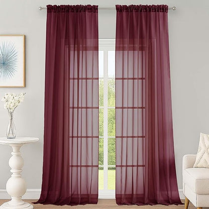 OWENIE Burgundy Sheer Curtains 108 Inches Long for Living Room Bedroom 2 Panels Set, Lightweight Airy Burgundy Sheer Curtain, Filmy Rod Pocket, 2 PCS, Each 59" W x 108" L