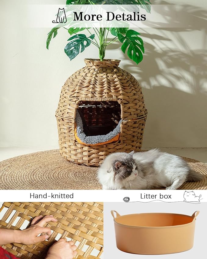 Cat Litter Box Plant Furniture Enclosure, Hidden Handwoven Rattan with Cat Litter Box and Artificial Plants, Odor Control Filter, Real Stones in Living Room, Bedroom, Corner Natural-Mewly Pet
