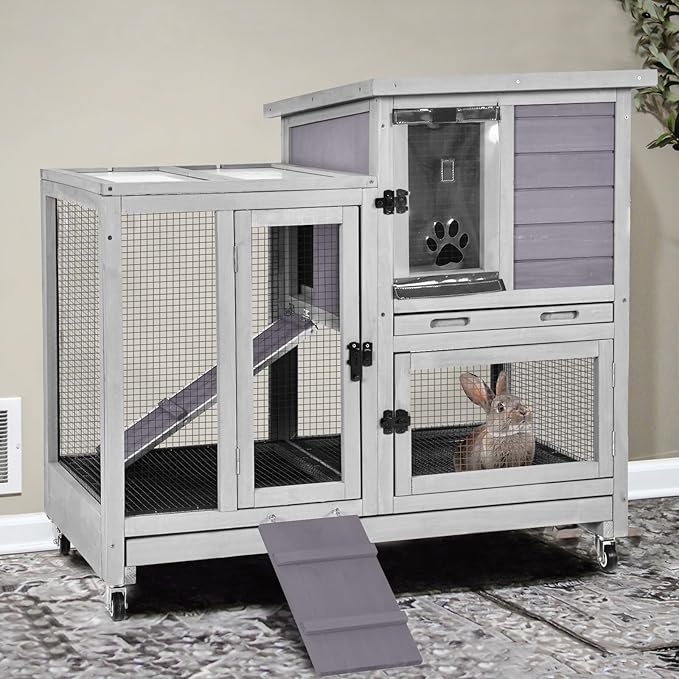 GUTINNEEN 2-Story Rabbit Hutch Indoor with Chew-Proof Ramp & Slide-Out Plastic Trays - Wooden Small Animal Cage Guinea Pig Cages with Wheels for 2-4 Rabbits, Bunnies, and Guinea Pigs (Grey)-Mewly Pet