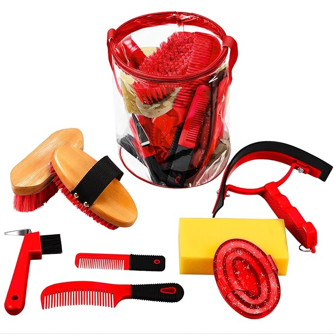 9 Pieces Horse Grooming Kit Tack Room Supplies Set with Organizer Tote Bag, Oval Massage Curry, Hard and Soft Brush, Hoof Pick, Sweat Scraper, Bathing Sponge, Combs for Horse Riders Beginners (Red)-Mewly Pet