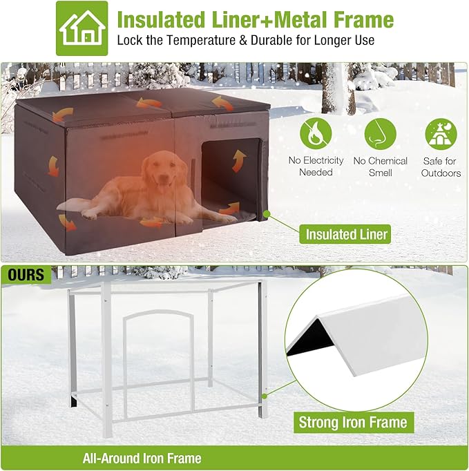 GUTINNEEN Large Insulated Dog House for Winter Outdoor Dog Kennel with Anti-Chewing Metal Frame for Medium to Large Dogs,Grey and White-Mewly Pet