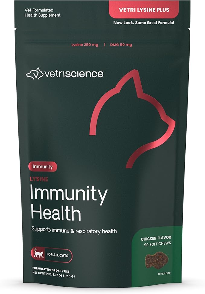 VetriScience Lysine Immunity Health Chews, 250 mg Lysine Plus Immune Supplement for Cats and Kittens with Allergies, Sneezing, Runny Nose and Watery Eyes, Chicken, 90 Count-Mewly Pet