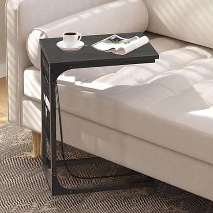TUTOTAK C Shaped End Table with Charging Station, Side Table for Sofa, Couch Table with Storage Bag, Set of 2, TV Tray Table with 2 USB Ports and Outlets for Living Room, Bedroom, Black TB01BK0242