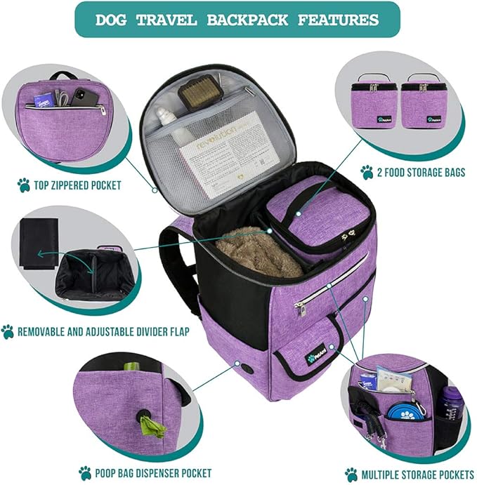 PetAmi Dog Travel Bag Backpack, Airline Approved Dog Bags for Traveling, Puppy Diaper Bag Supplies, Pet Camping Essentials Hiking Accessories Dog Mom Gift, Food Container, Collapsible Bowls, Purple-Mewly Pet
