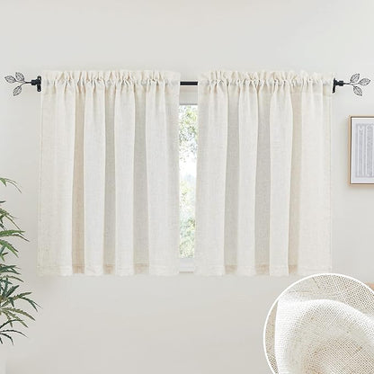 RYB HOME Flax Linen Blend Curtains - Semi Translucent Privacy Kitchen Valances, Light Glare Control Short Small Window Curtains for Bathroom Closet RV, 52" W x 36" L, 2 Pcs, Linen